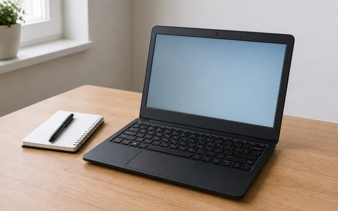 Illustratives unmarkiertes Netbook auf einem Schreibtisch