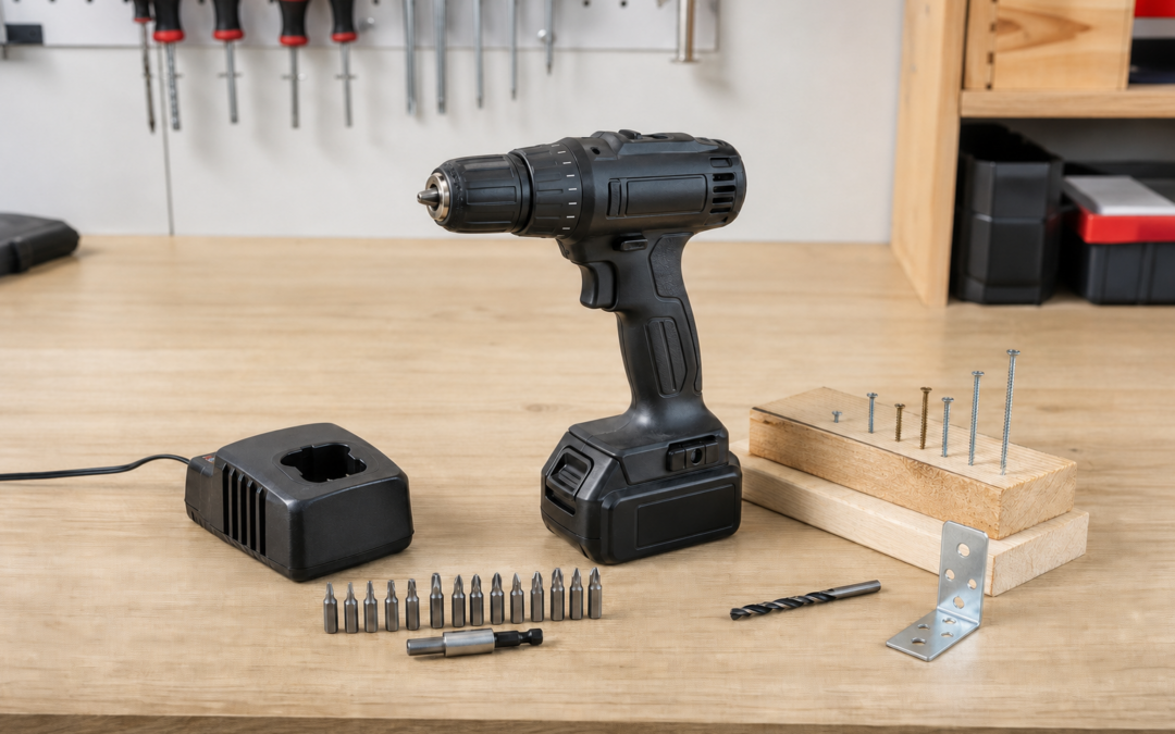 Akku-Bohrschrauber mit Ladegerät, Bits, Bohrer und verschiedenen Schrauben auf einer Werkbank