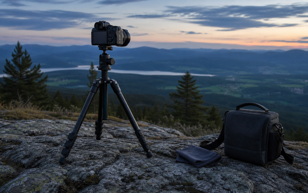 Kamera auf einem stabil aufgestellten Reisestativ bei einer Landschaftsaufnahme am Abend