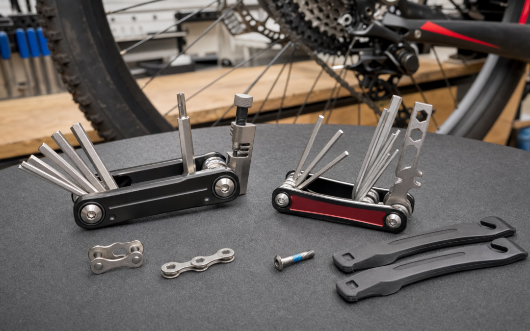 Zwei geöffnete Fahrrad-Multitools mit Kettennieter, Reifenhebern und Kettenschloss