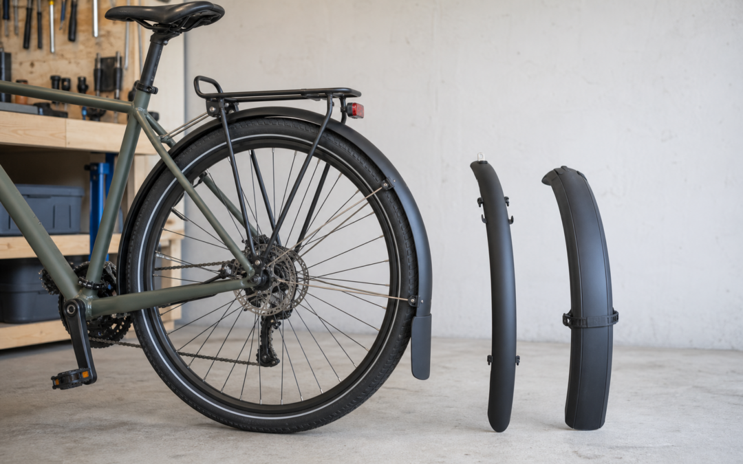 Fest montiertes Fahrrad-Schutzblech und zwei unterschiedlich breite Vergleichsmodelle