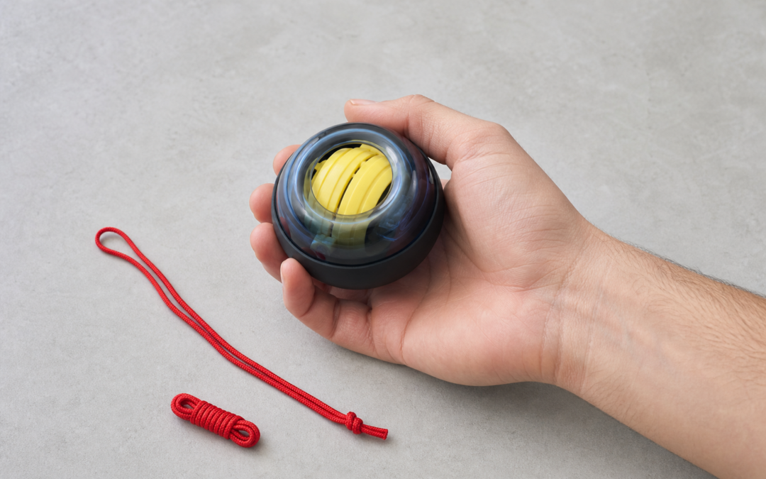 Powerball-Gyro-Handtrainer mit sichtbarem Rotor und Startschnüren in einer Hand