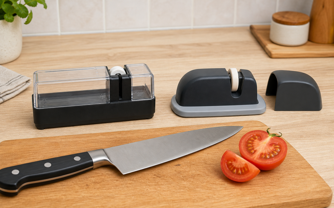 Zwei Keramik-Rollschärfer mit sichtbaren Schleifrollen, Kochmesser und Tomatenschnitt