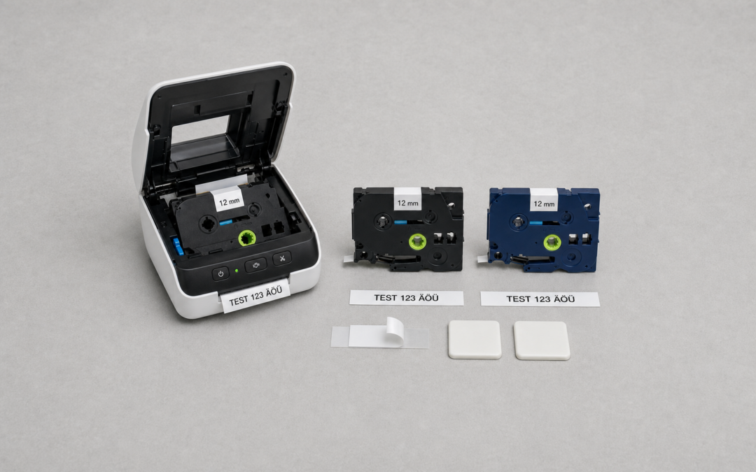 Zwei 12-Millimeter-Schriftbandkassetten neben einem P-touch-Beschriftungsgerät im Vergleich