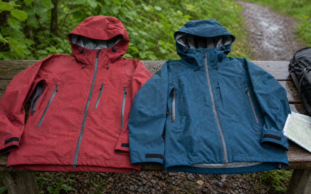 Rote und blaue Funktionsjacke mit Wassertropfen auf einer Holzbank am Wanderweg