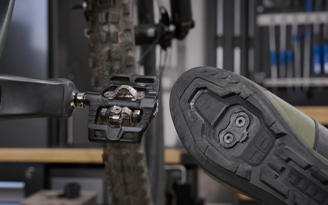 Doppelseitiges MTB-Klickpedal mit Trail-Käfig neben einem Schuh mit Zweiloch-Cleat