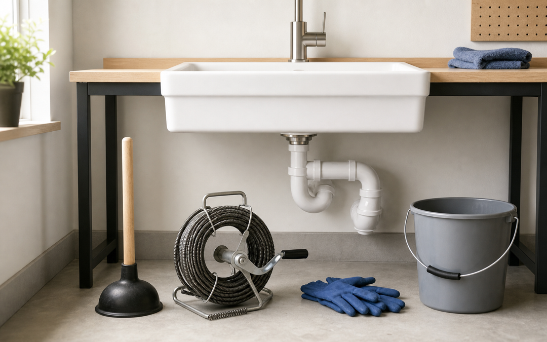 Saugglocke, Handspirale, Schutzhandschuhe und Eimer vor einem sichtbaren Waschbeckensiphon