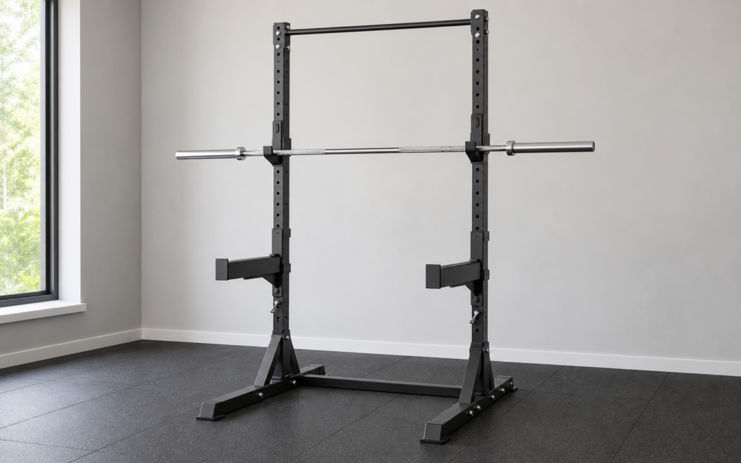 Freistehender verstellbarer Kniebeugenständer mit unbeladener Langhantel im Homegym