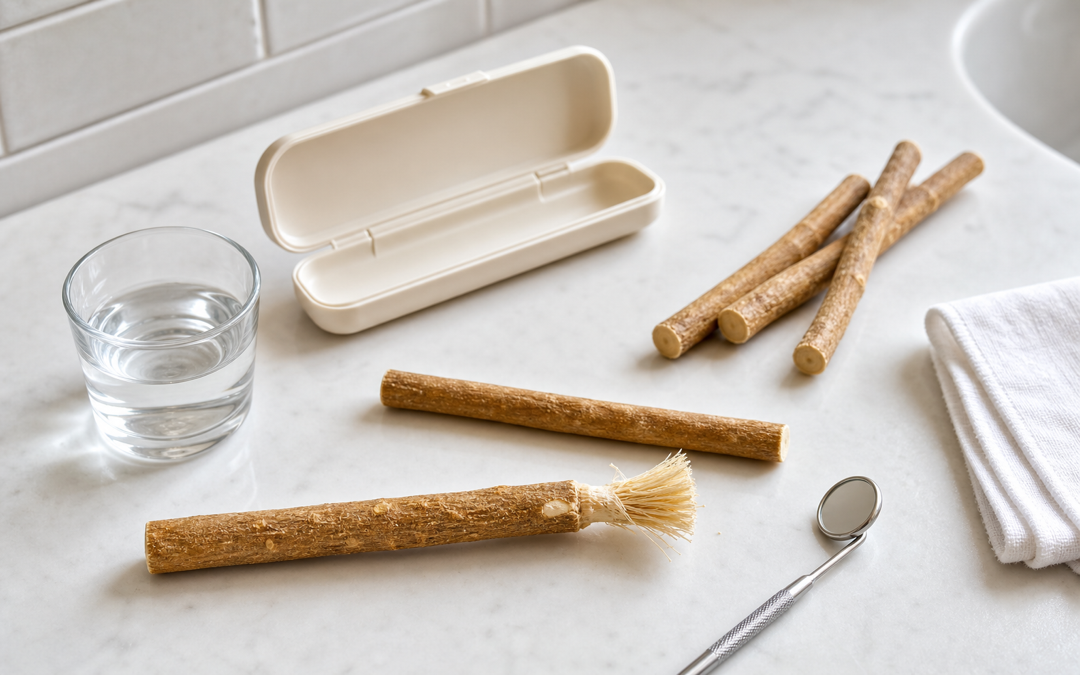 Miswak-Zweige mit aufgefasertem Ende, Wasser, Etui, Tuch und Dentalspiegel zur Hygieneprüfung