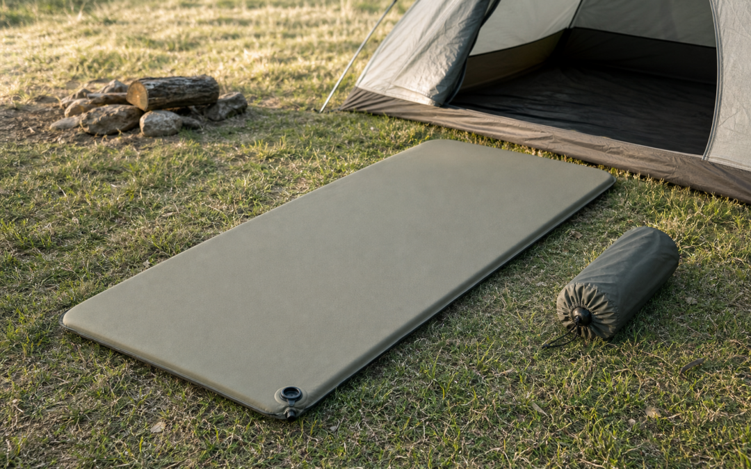Selbstaufblasbare Isomatte mit geöffnetem Ventil und Packsack vor einem Campingzelt
