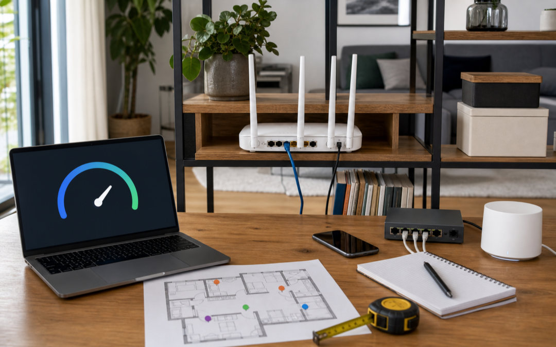 WLAN-Router-Test mit Router, Laptop, Grundriss, Messpunkten, Switch und Mesh-Zugangspunkt