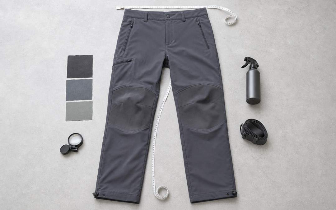 Graue Outdoorhose mit Maßband, Stofflupe, Materialproben, Sprühflasche und Gürtel im Materialtest