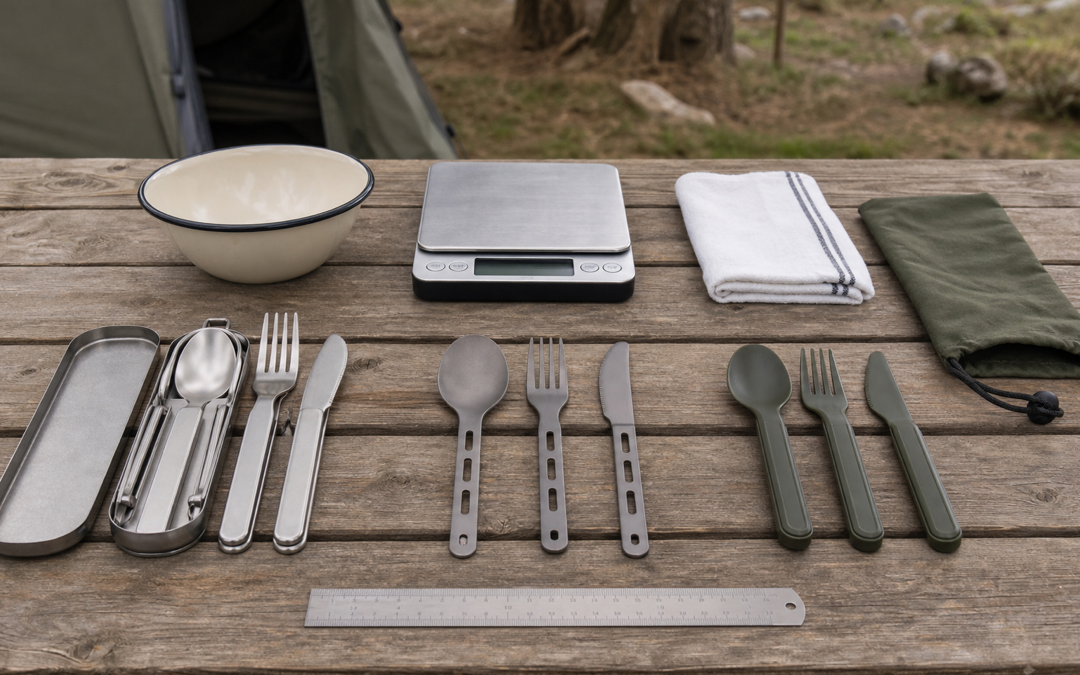 Campingbesteck aus Edelstahl, Titan und Kunststoff mit Waage und Lineal im Vergleich