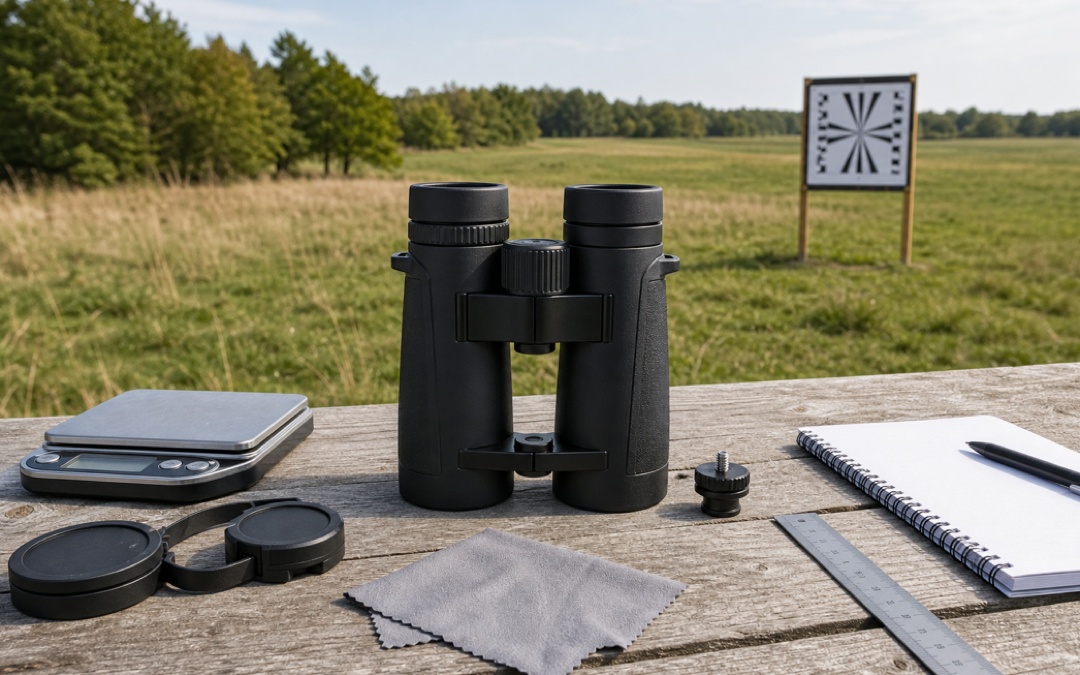 Fernglas-Test mit 8x42-Fernglas, Auflösungstafel, Waage und Prüfwerkzeug