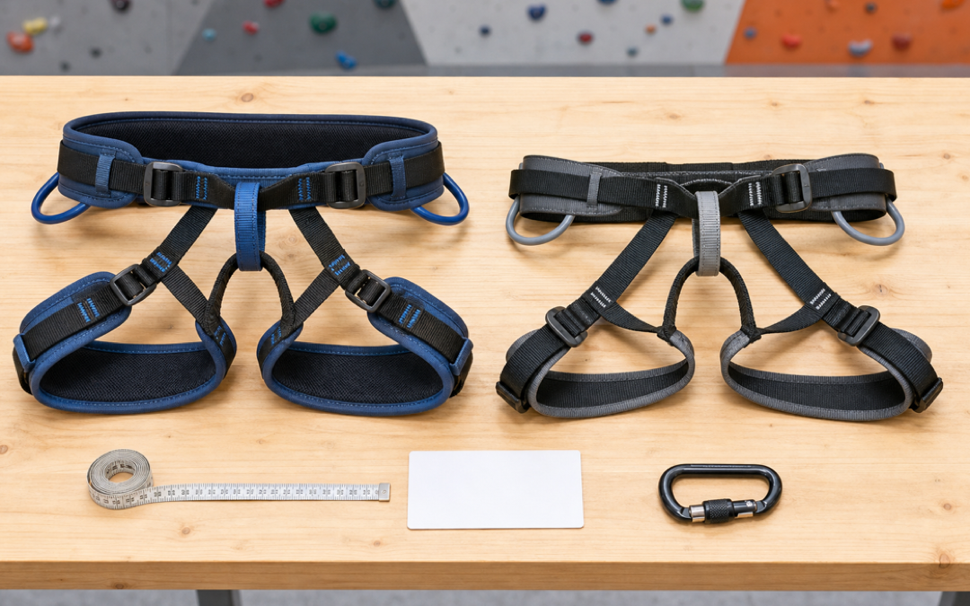 Zwei Klettergurte mit textilem Sicherungsring, Schnallen, Maßband und Karabiner im Vergleich