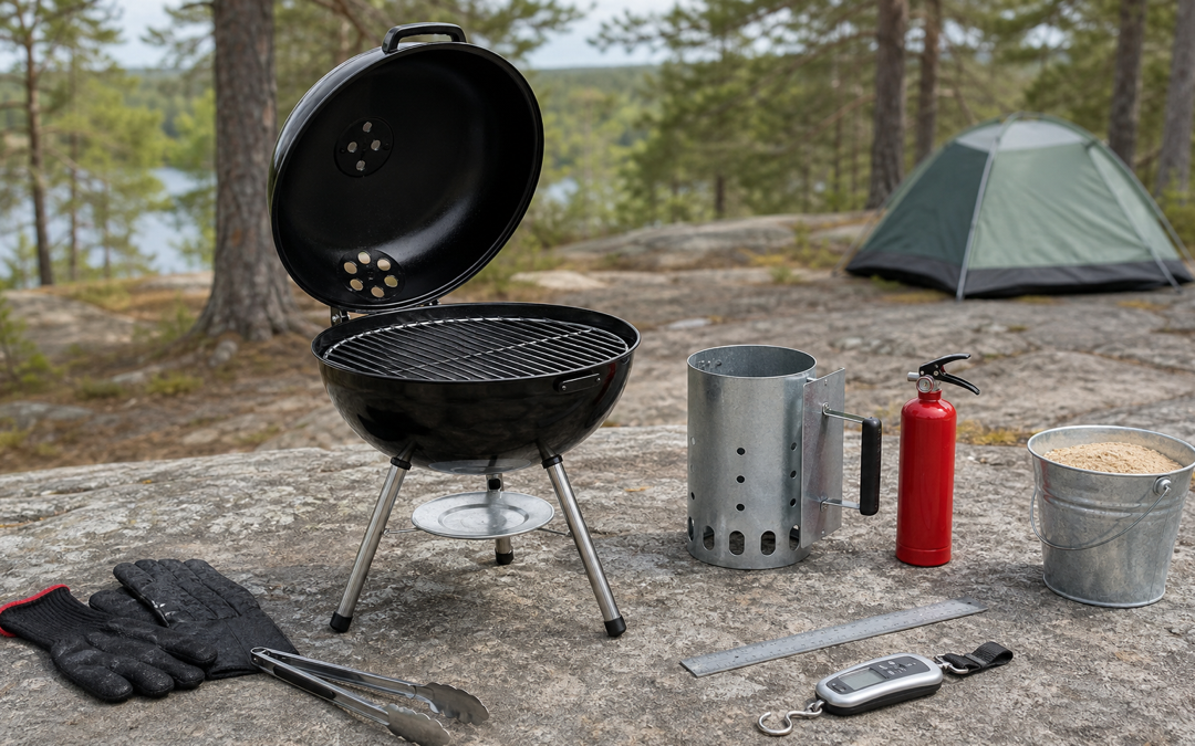 Tragbarer Holzkohle-Kugelgrill mit Anzündkamin, Löschmittel, Zange, Handschuh und Waage