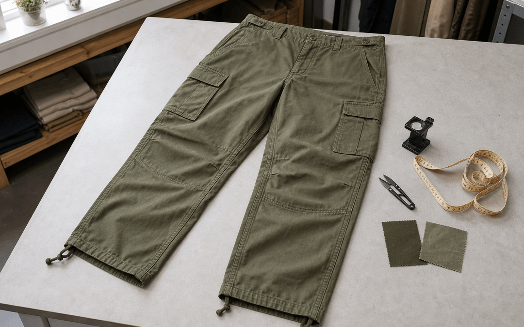 Olive Feldhose mit Cargotaschen, Maßband, Stofflupe und Materialproben im Verarbeitungstest