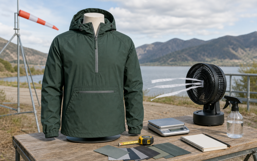 Windbreaker-Test mit Kapuzenjacke, Luftstrom, Waage, Maßband und Stoffproben