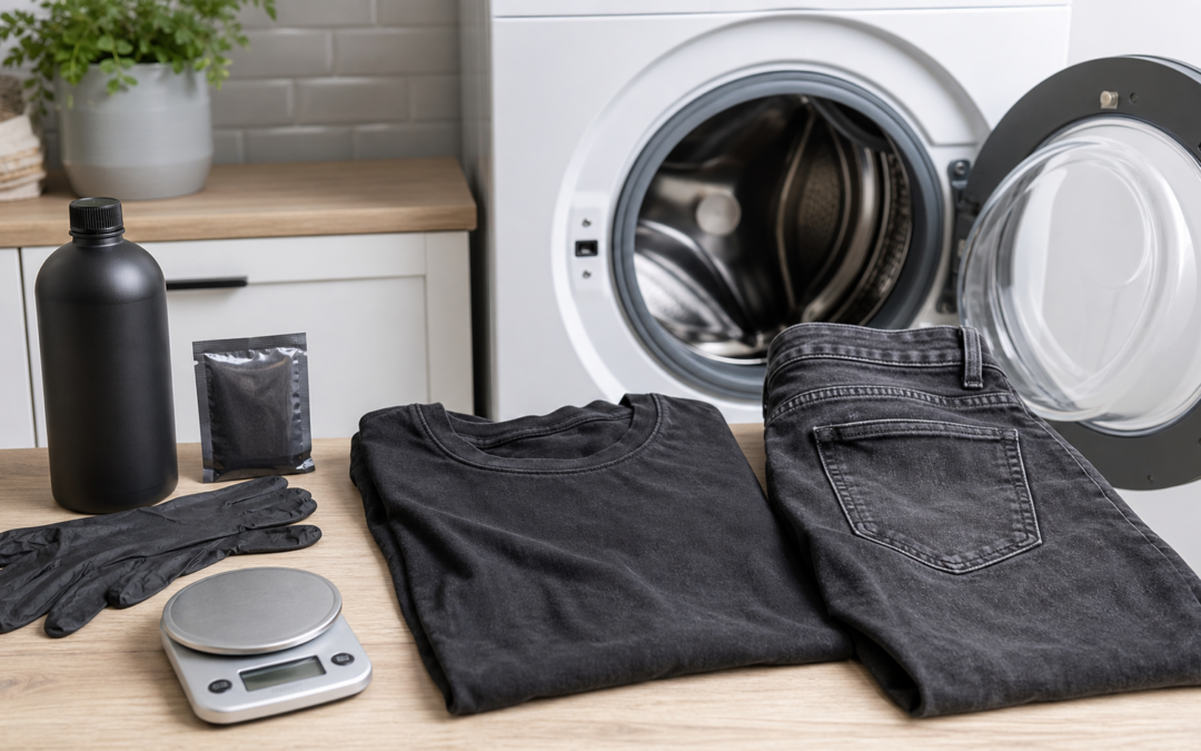 Ausgeblichene schwarze Jeans und T-Shirt mit Textilfarbe, Waage und Waschmaschine