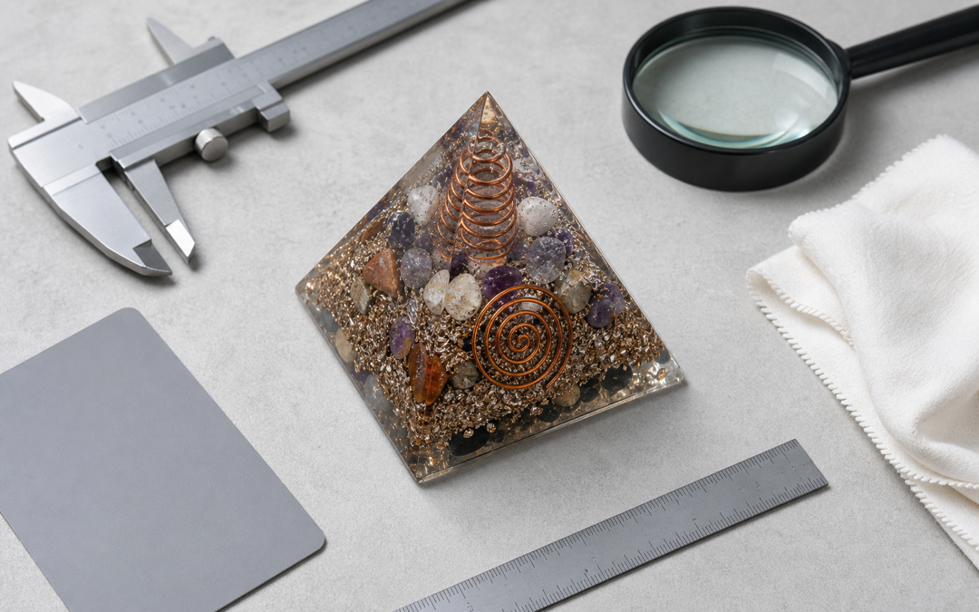 Harzpyramide mit Metallspänen, Drahtspiralen und Steinen neben Messschieber, Lupe, Lineal und Tuch