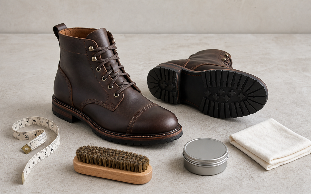 Braune Lederstiefel mit sichtbarer Profilsohle, Maßband, Schuhbürste, Pflegedose und Baumwolltuch
