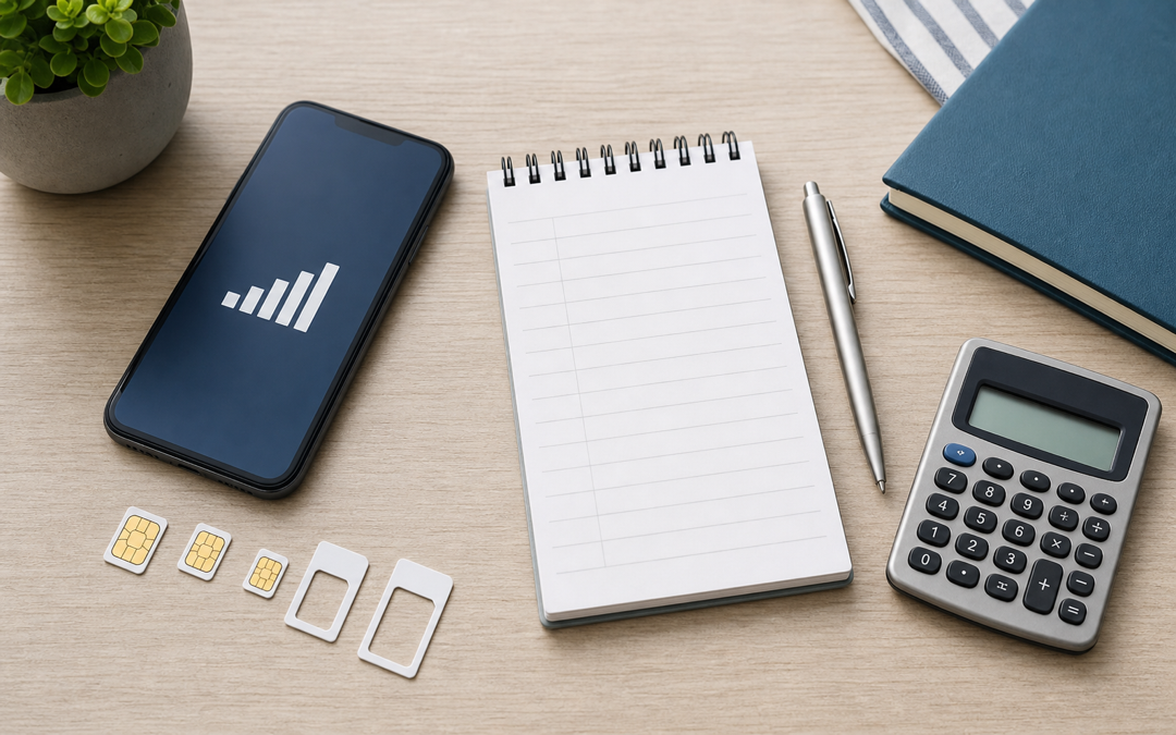 Smartphone mit Empfangsanzeige, SIM-Karten, Notizblock und Taschenrechner für den Handyvertrag-Vergleich