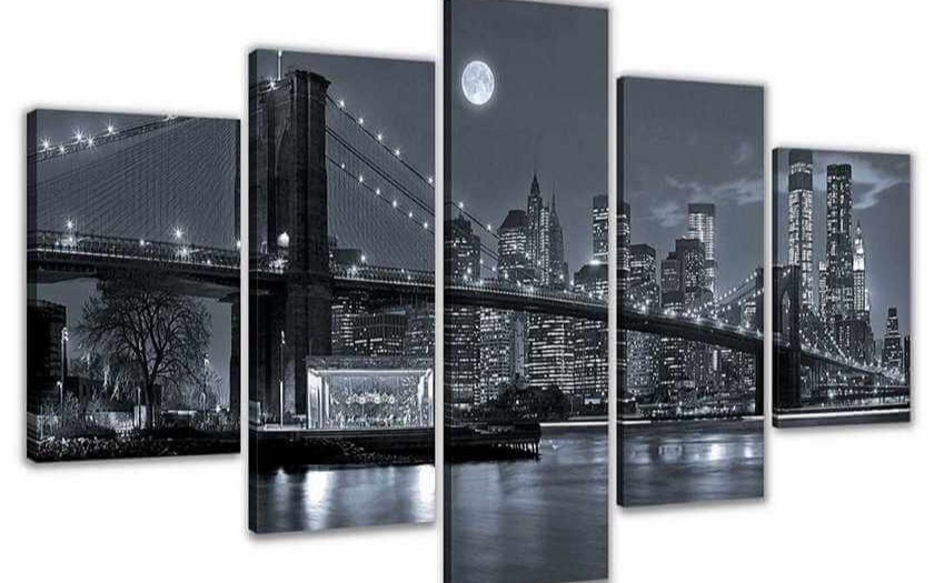 Fünfteiliges schwarzweißes New-York-Leinwandbild mit Brooklyn Bridge und Skyline
