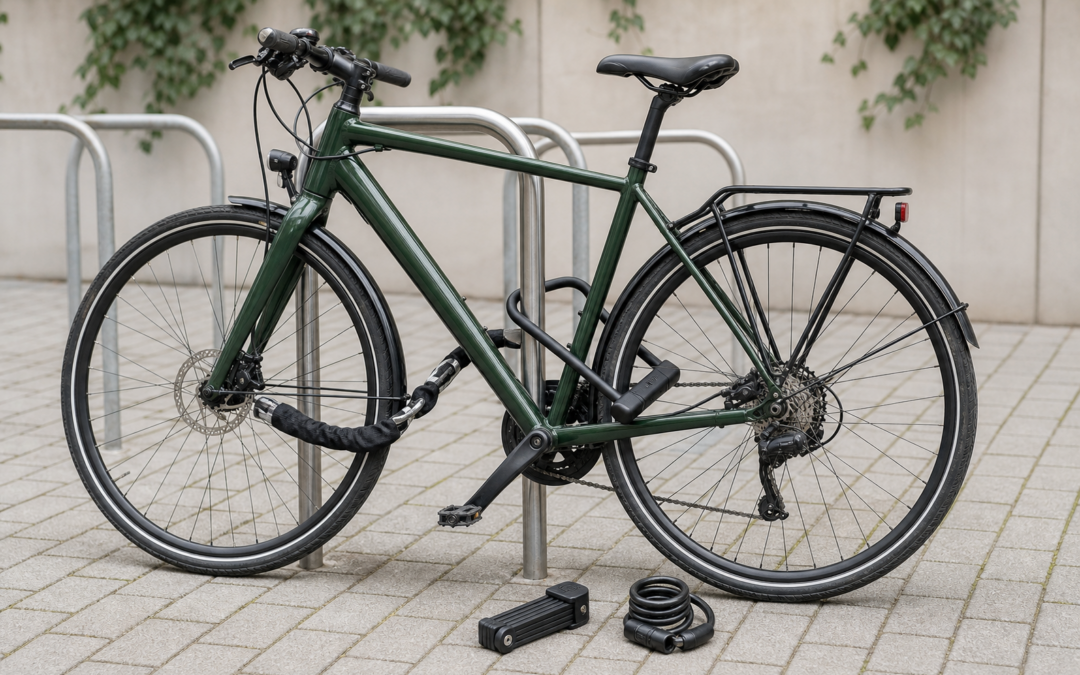 Fahrrad mit Bügel- und Kettenschloss an einem festen Fahrradbügel