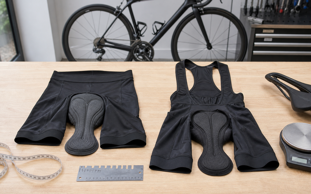 Bund-Radhose und Bib Shorts mit Sitzpolstern, Maßband, Sattel und Waage im Vergleich