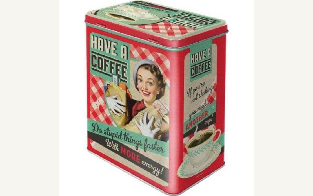 Historische rechteckige Kaffeedose Have a Coffee aus Metall mit rotem Retro-Motiv