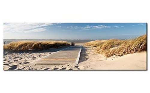 Breites Acryl-Glasbild mit Holzsteg durch Dünen zum Meer
