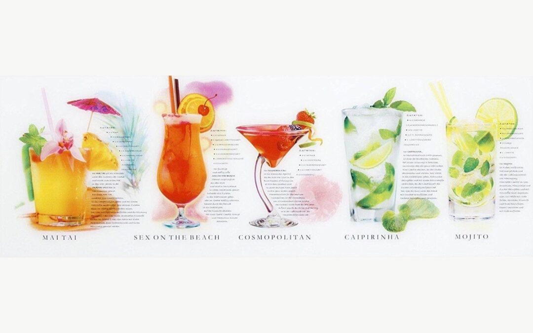Historisches Cocktail-Glasbild mit Mai Tai, Sex on the Beach, Cosmopolitan, Caipirinha und Mojito