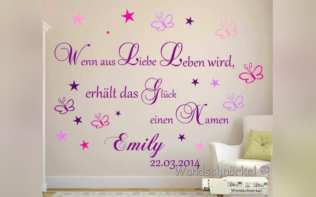 Personalisierter Baby-Wandspruch „Wenn aus Liebe Leben wird“ mit Name, Datum, Sternen und Schmetterlingen