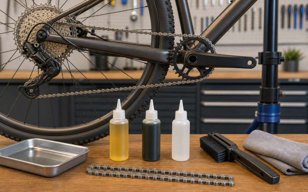 Drei unbeschriftete Kettenölflaschen vor einem sauberen Mountainbike-Antrieb in der Werkstatt
