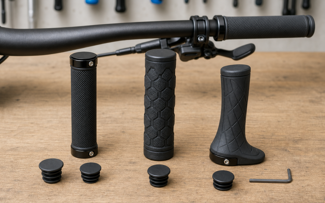 Drei schwarze MTB-Griffarten mit Lock-on-Klemmung und Lenkerstopfen auf einer Werkbank