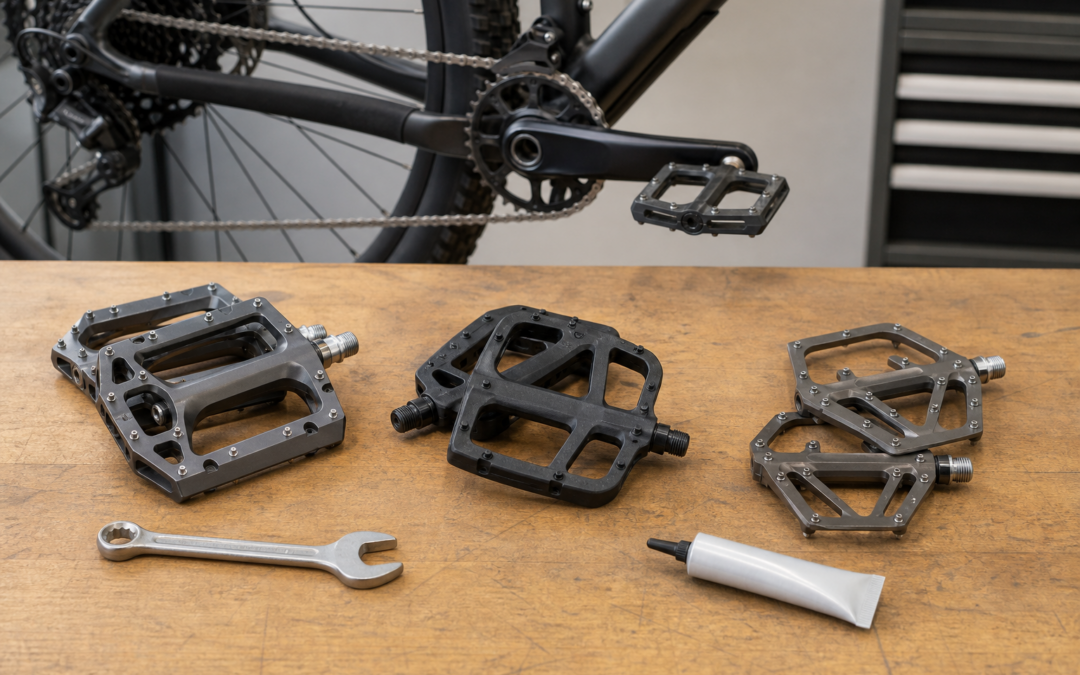 Drei Paar unmarkierte MTB-Plattformpedale mit Pins auf einer Fahrradwerkbank