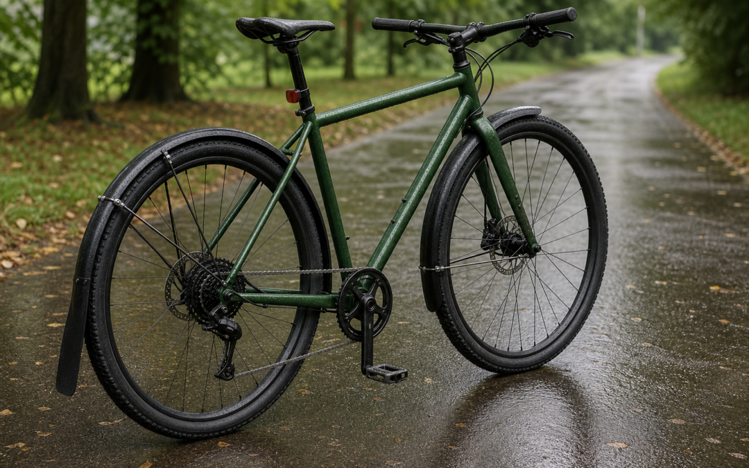 Grünes Fahrrad mit langen schwarzen Schutzblechen auf einem nassen Weg