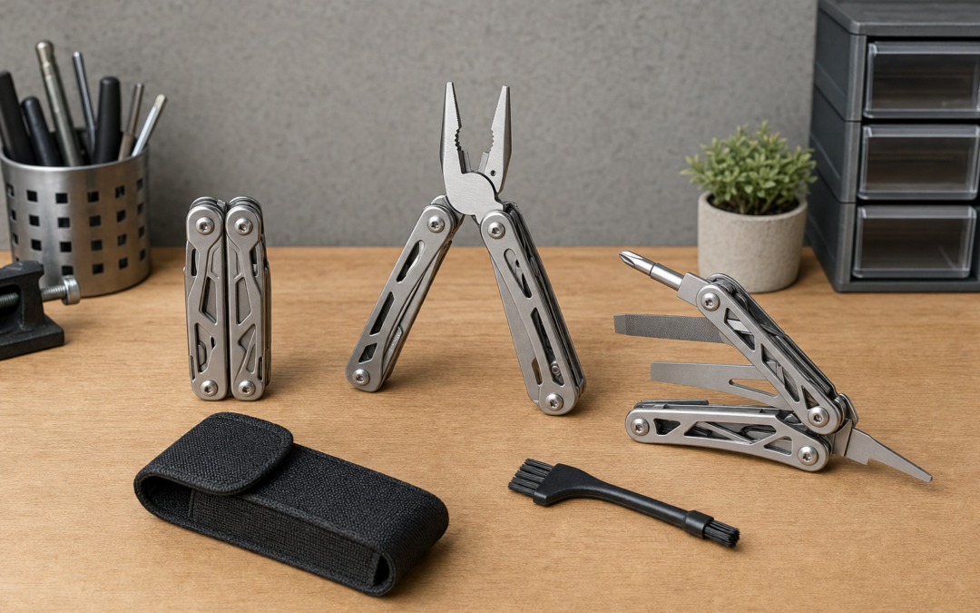 Drei unmarkierte Edelstahl-Multitools mit Zange, Schraubendreher und Feile auf einer Werkbank