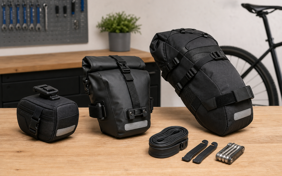 Drei unmarkierte Fahrradsatteltaschen in verschiedenen Größen mit sichtbaren Haltern und Rollverschlüssen