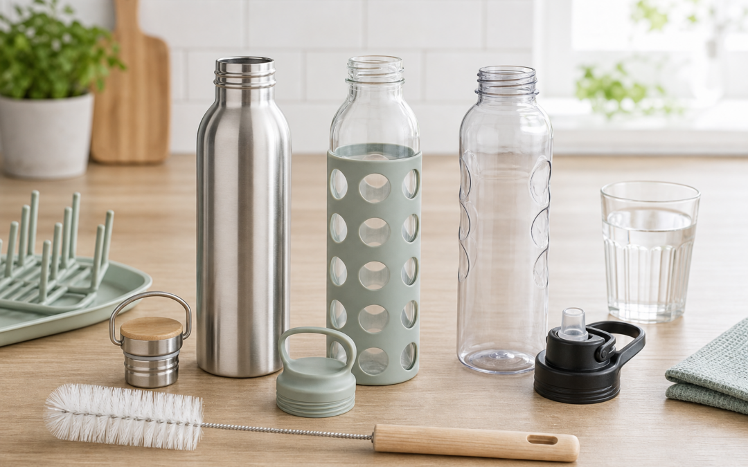 Trinkflaschen aus Edelstahl, Glas und Kunststoff mit Deckeln und Reinigungsbürste