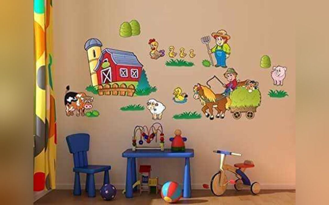 Bauernhof-Wandsticker mit Stall, Bauer, Pferd, Kuh, Schaf, Schwein und Geflügel im Kinderzimmer