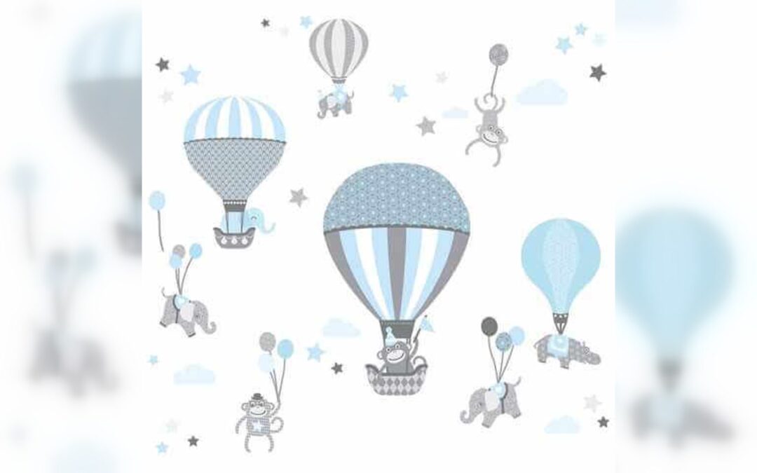 Historisches Baby-Wandtattoo mit Elefanten, Nilpferden, Affen, Luftballons und Sternen