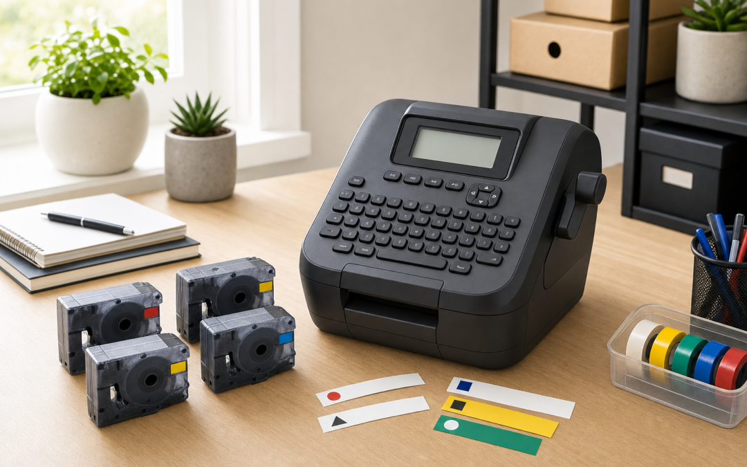 Beschriftungsgerät mit Tastatur, Bandkassetten und verschieden breiten Etiketten auf einem Schreibtisch