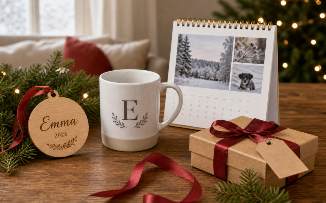Personalisierte Weihnachtsgeschenke mit Holzanhänger, Tasse, Fotokalender und Geschenkbox