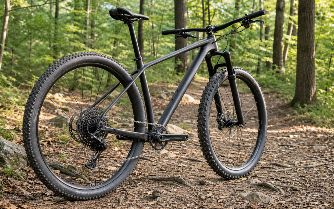 Cross-Country-Mountainbike mit unterschiedlich profiliertem Vorder- und Hinterreifen auf einem Waldweg
