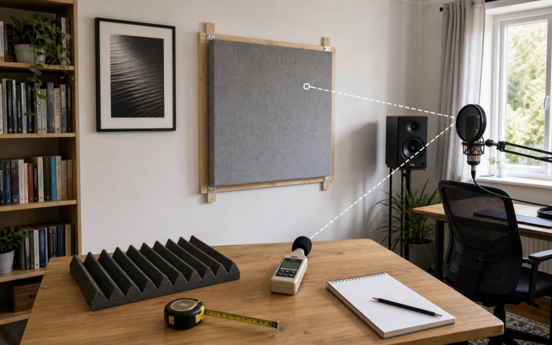 Akustikschaumstoff-Test mit Wandabsorber, Keilprofil, Maßband und Schallpegelmesser im Heimstudio