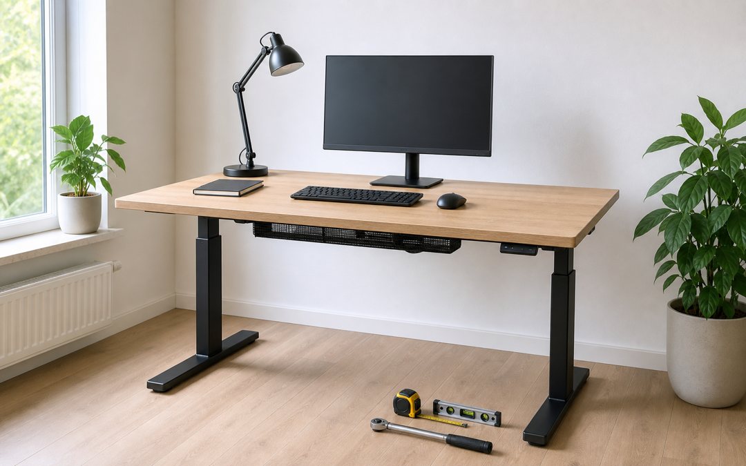 Höhenverstellbarer Schreibtisch mit Monitor, Kabelwanne, Maßband, Wasserwaage und Drehmomentschlüssel