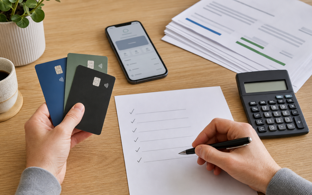 Girokonto-Vergleich mit neutralen Bankkarten, Gebührenunterlagen, Smartphone und Checkliste
