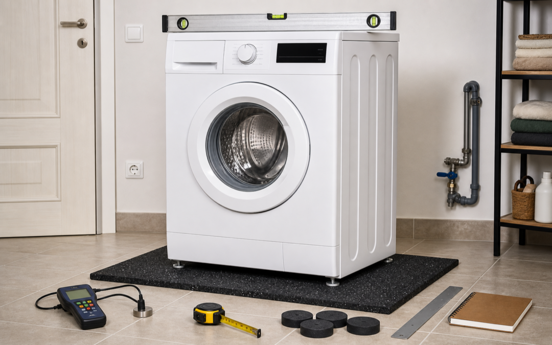 Antivibrationsmatten-Test mit Waschmaschine, Gummimatte, Wasserwaage und Vibrationsmessgerät