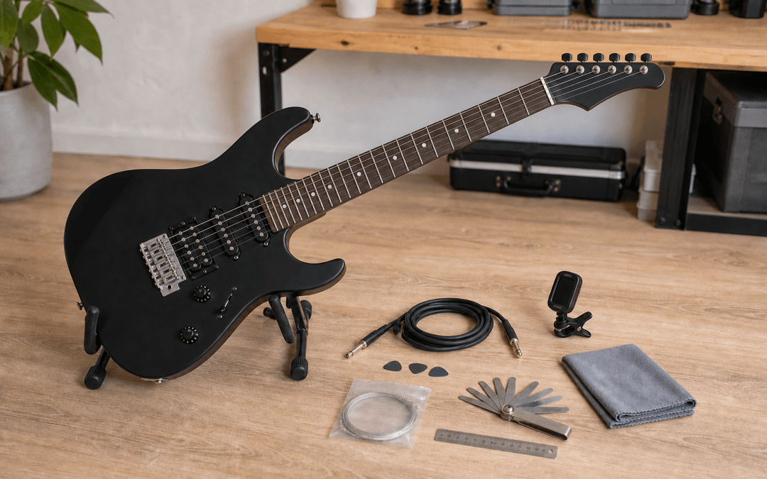 Schwarze E-Gitarre mit sechs Saiten neben Stimmgerät, Kabel, Plektren, Ersatzsaiten und Setup-Werkzeug